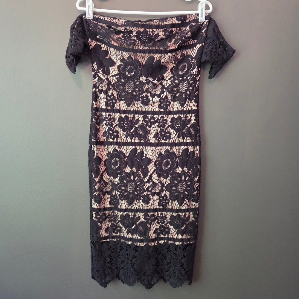 Express Womens Black Nude Floral Lace Strapless Off the Shoulder Sheath Dress 8